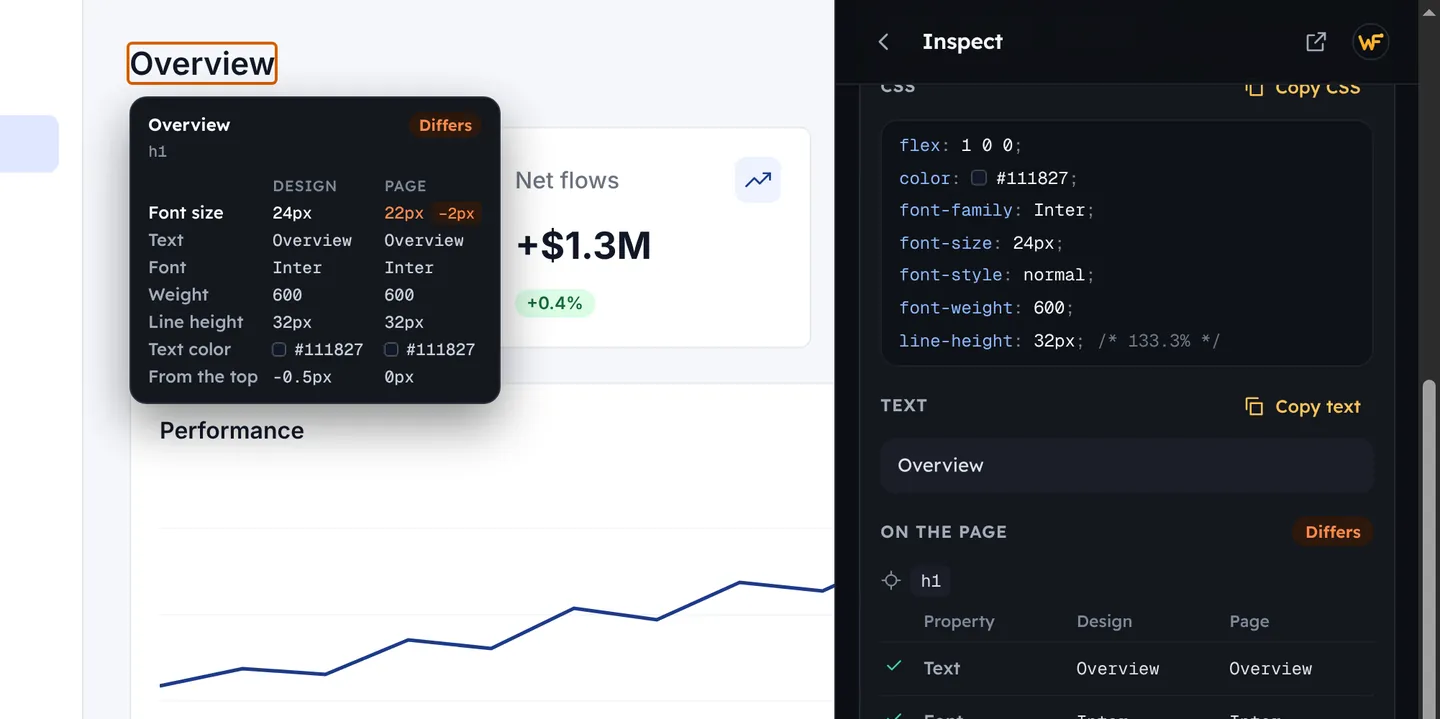 A heading with its design values and page values side by side.