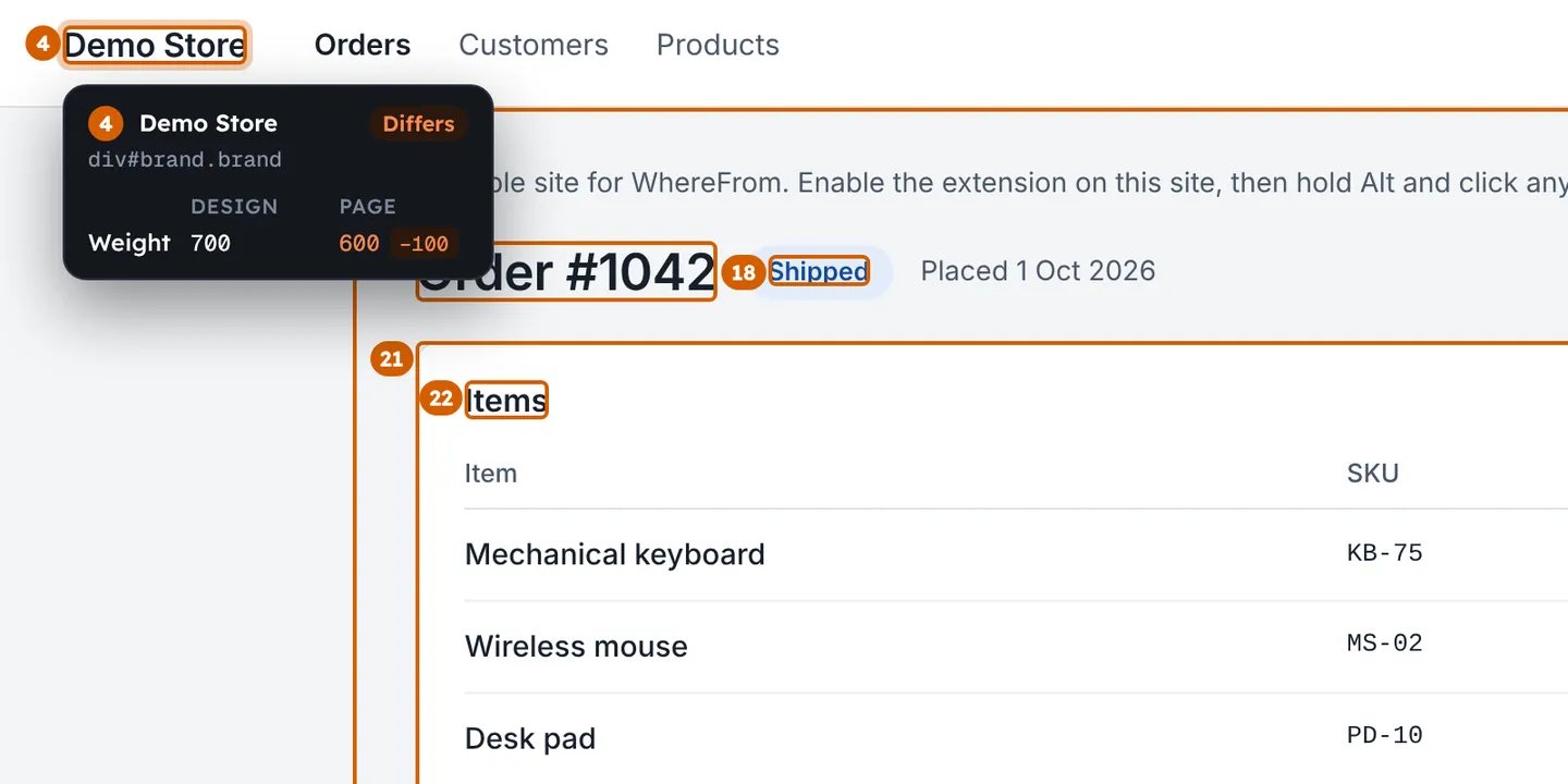 A page with the elements that differ from the design marked and numbered. A card on the store name shows its weight: 700 in the design, 600 on the page.